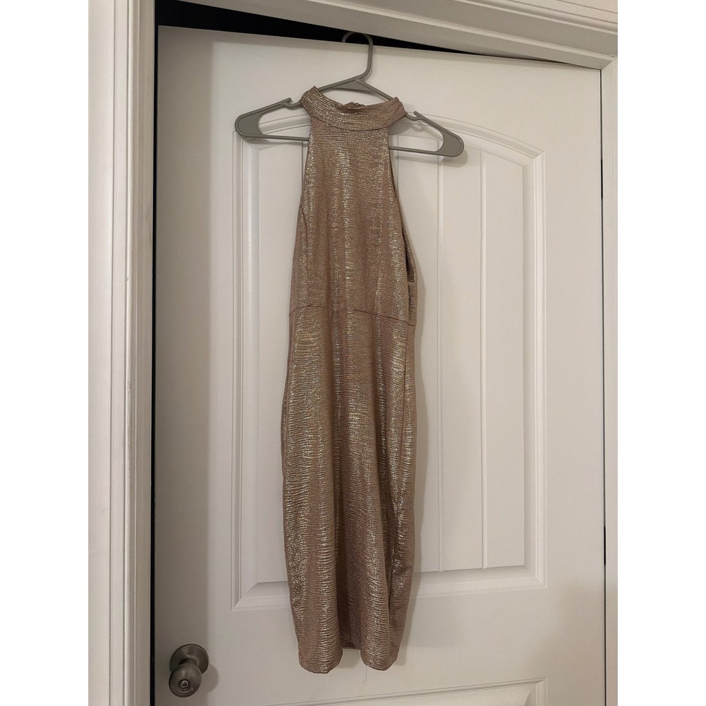 Lulus Gold Metallic Halter Neck Bodycon Dress Sleeveless Cocktail Size Small